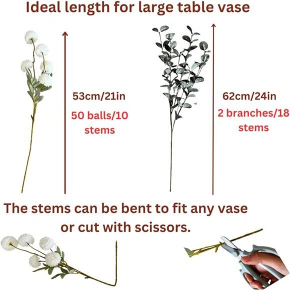 White Faux Flowers with Eucalyptus Stems for Vase Decor Centerpiece Wedding - Picture 6 of 7